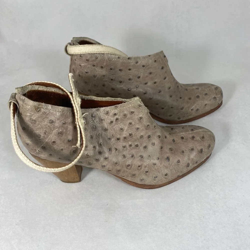 Rachel Comey Pinion Ostrich Leather Booties Gray Ankle Strap Wood Heel 7